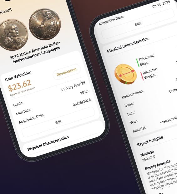 Coin valuation and physical characteristics shown in the app