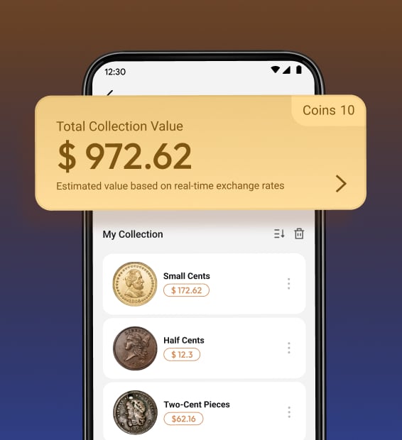 Coin collection and its estimated value shown in the app